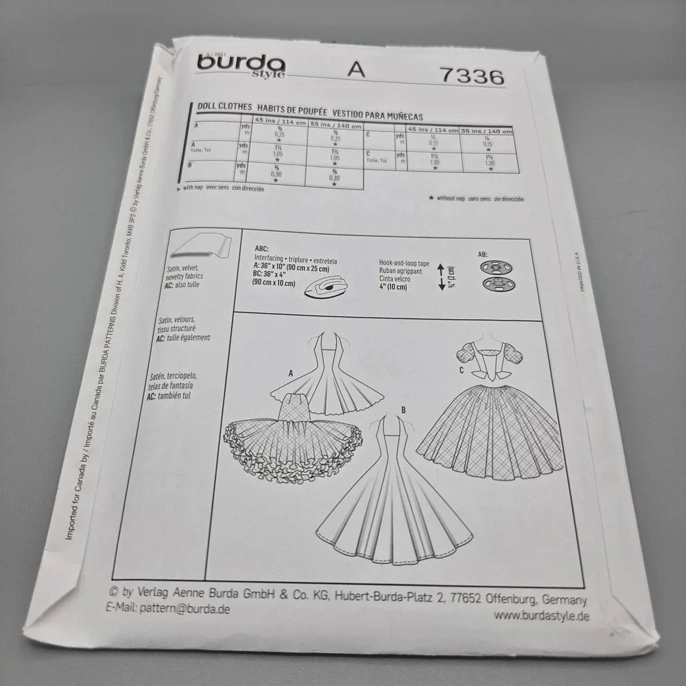 Burda Style 7336 Doll Clothes Sewing Pattern 11.5-12.75 inch Fashion Doll Gowns